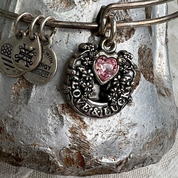 Alex and Ani Silver Tone Expandable Bracelet Love and Luck Pink Stone Charm - Picture 2 of 8